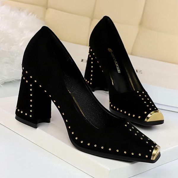 

dress shoes retro european and american fashion nightclub women's thick heel high metal square head shallow mouth rivet single sh, Black