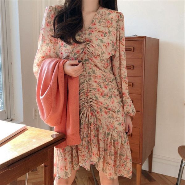 

dresses chic romance florals gentle slim pleated trumpets drawstring ruffles mermaid es vestido robe mujer, Black;gray