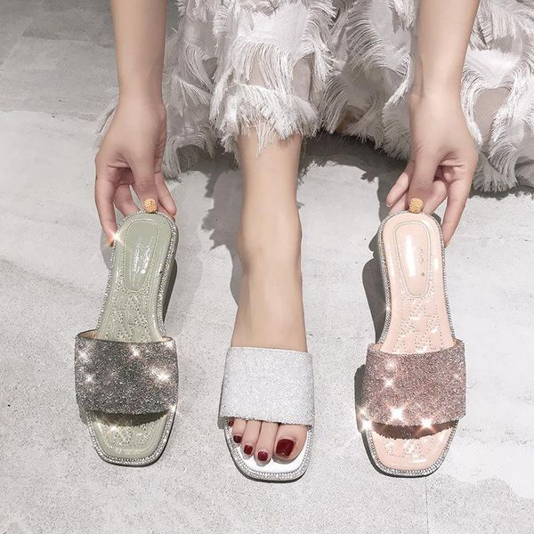 

slippers crystal flats shoes woman square toe bling slides 2021 summer korean brief sweet femme all match flip flops casual, Black