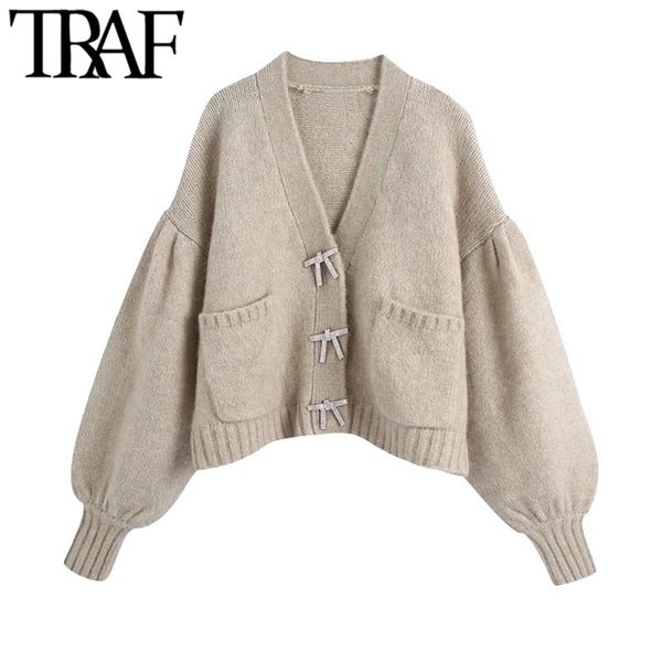 

women fashion with rhinestone buttons knitted cardigan sweater vintage long sleeve loose female outerwear chic 210507, White
