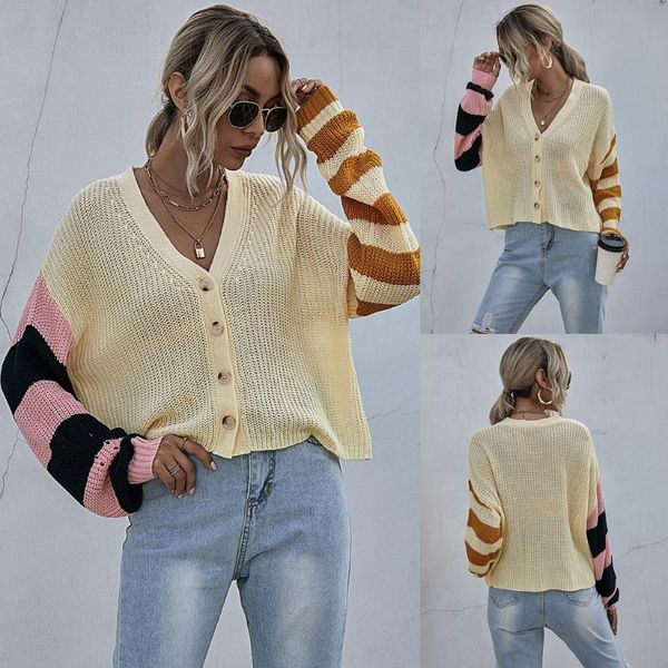 

yoga outfits 2021 women's knit sweater three-color stitching long-sleeved coat comfortable soft retro casual fashion -selling, White;red