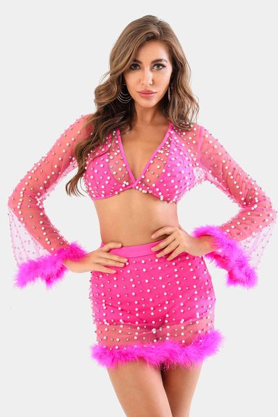 

women's jumpsuits & rompers purplish red full sleeves beading feathers two pieces bandage set celebrity designer, Black;white