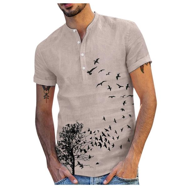 

men's casual shirts tree bird print retro stand collar button cotton linen blouse streetwear plus size shirt pullover camisas, White;black