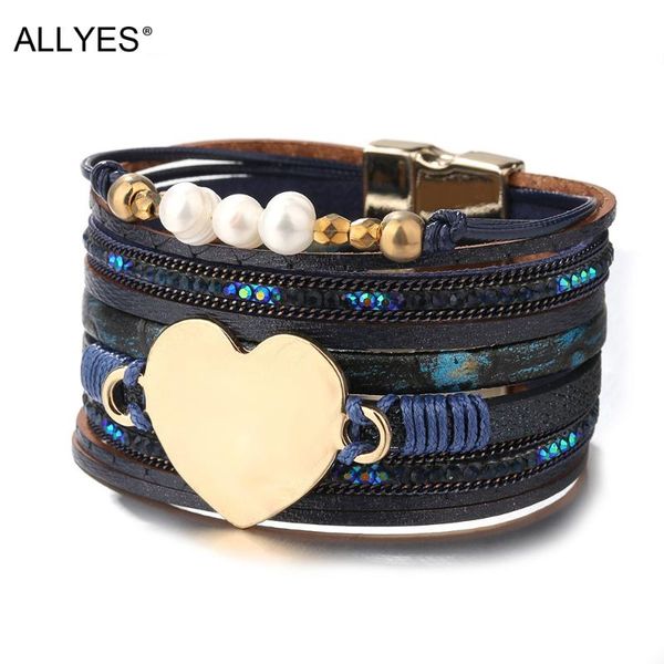 

tennis allyes pearl beads love heart chram leather bracelet for women fashion rhinestone multilayer wrap bangle female jewelry, Golden;silver