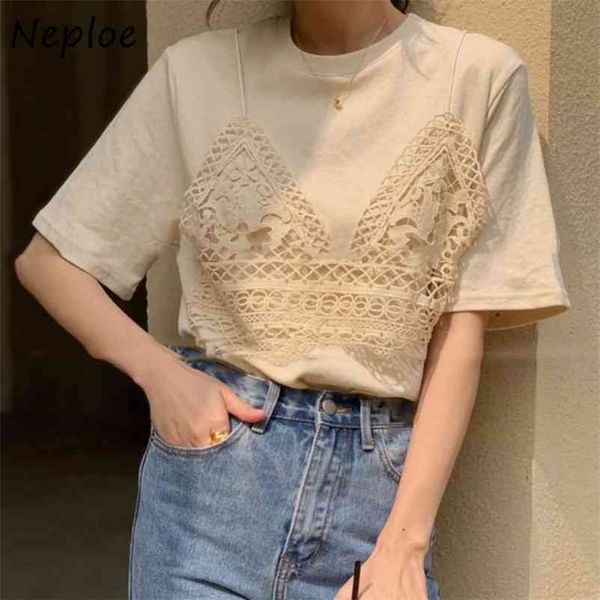 

lace hollow out patchwork t shirts fashion o neck short sleeve lady t-shirts korean fake two piece female 1f057 210422, White