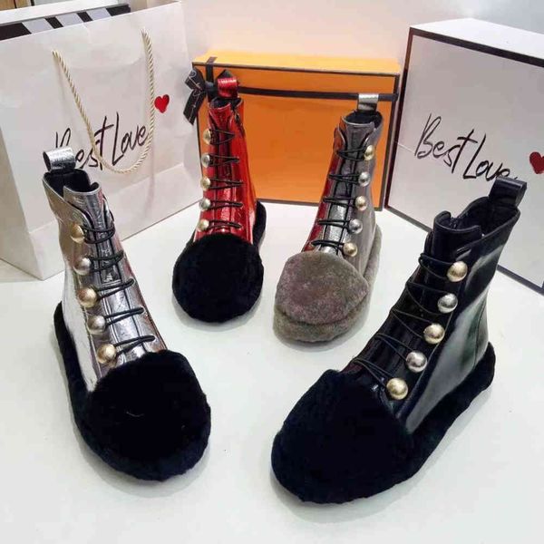 

2021 winter leather short fur shoes women plus size fashion layers, Black