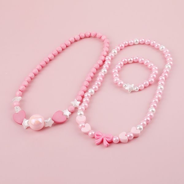 

jewelry sets cartoon children necklace bracelet set sweet bowknot heart pendant pink colorful acrylic beads girls child kid gift, Black