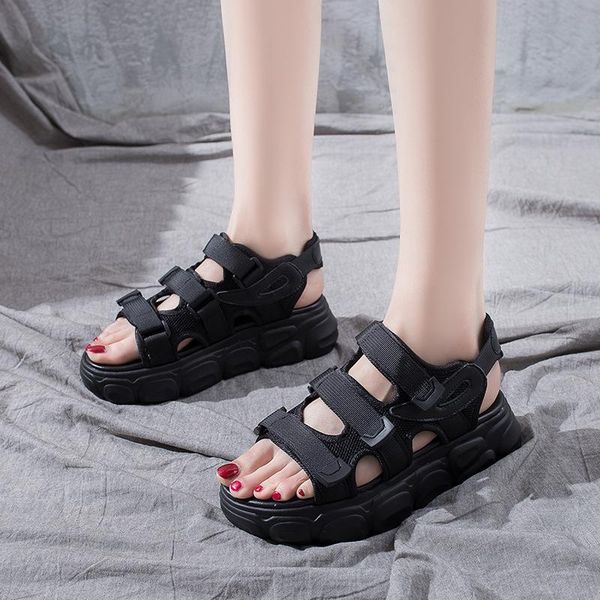 

fashionable open-toed sports sandals black flat bottom wear roman beach shoes 2021 women's thick heightening 35-40