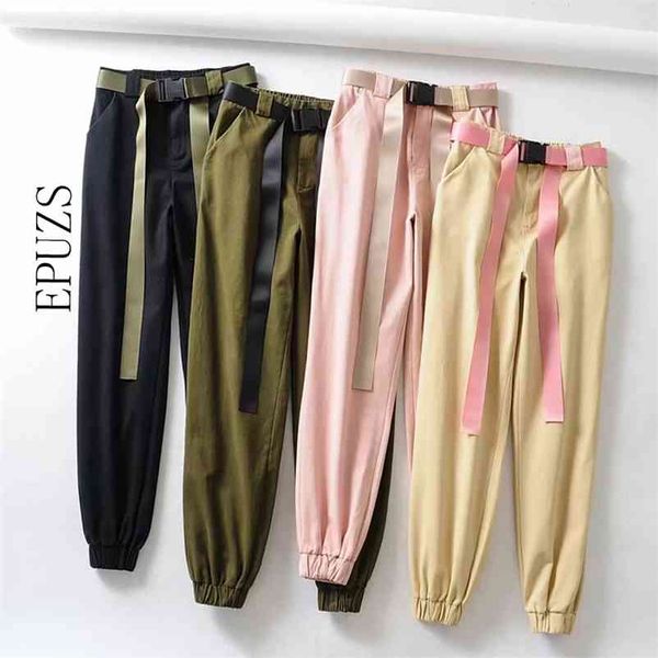 Moda Cinto Preto Calças de Carga Mulheres Cintura Alta Camo Calças Primavera Mulheres Sweardpants Calças Streetwear Calças Capris 210521