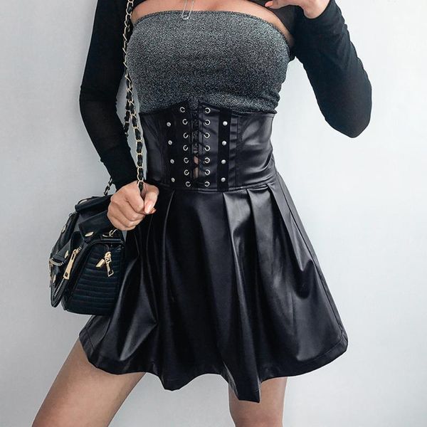

skirts 2021 women's gothic bandage pu leather fashion black mini pleated slim clubwear