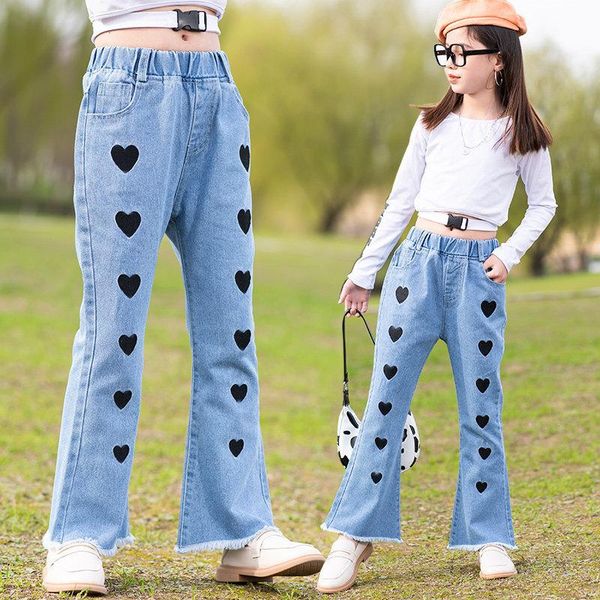 

girl flare jeans denim boot cut heart pattern pants trousers kids teenage spring autumn children's for 4 6 9 12 13yrs, Blue