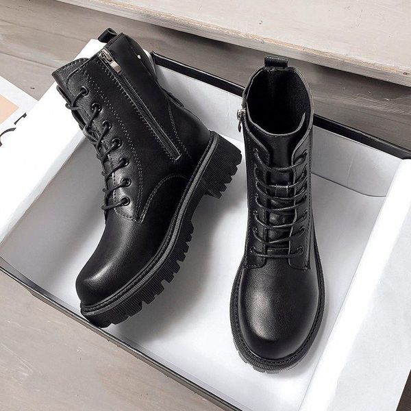 

boots nice black platform combat ankle for women lace up buckle strap woman shoes winter biker size 40