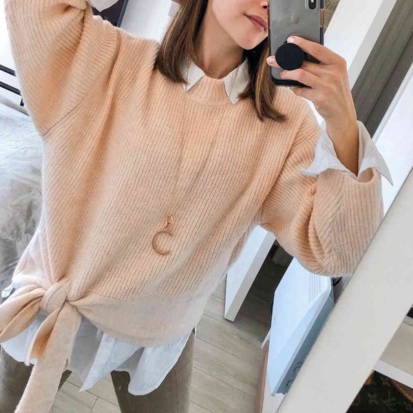 

knitted lace up sweater pullovers women long sleeve vintage oversized khaki casual sweater jumper crop pullovers 210415, White;black