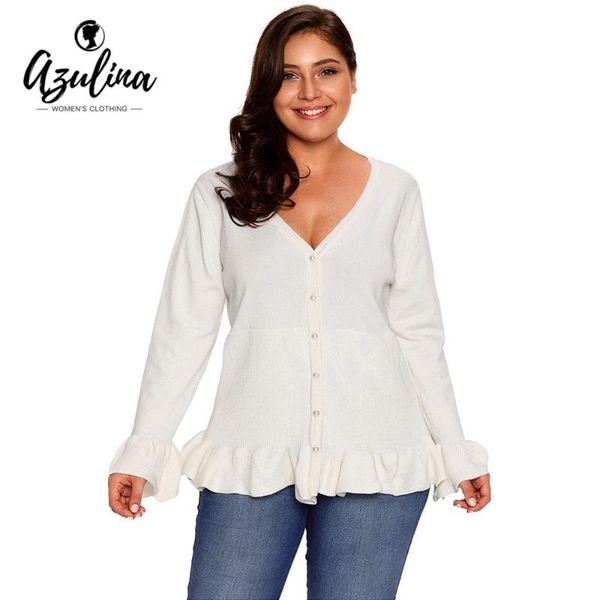 

women's sweaters azulina plus size ruffled buttons knit cardigans women sweater casual slim v neck long sleeve cardigan ladies 2021, White;black