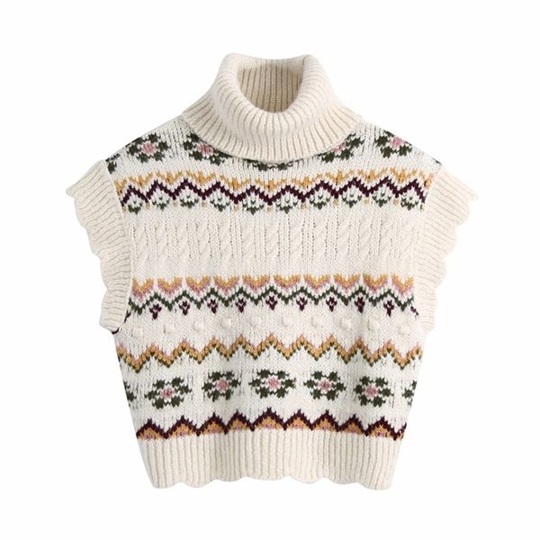 

casual woman beige embroidery ruffles knitted turtleneck vest spring fashion ladies soft sweaters girls sweet knitwear 210515, Black;white