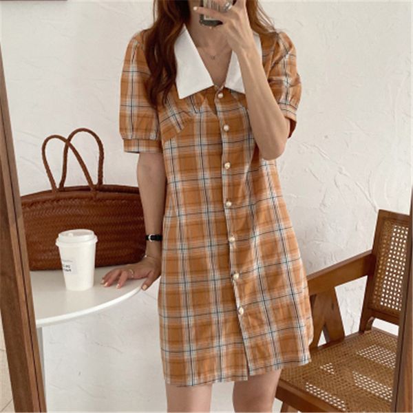 

dresses french retro plaid women's summer color-hit girls all match vintage geometric sweet vestidos, Black;gray