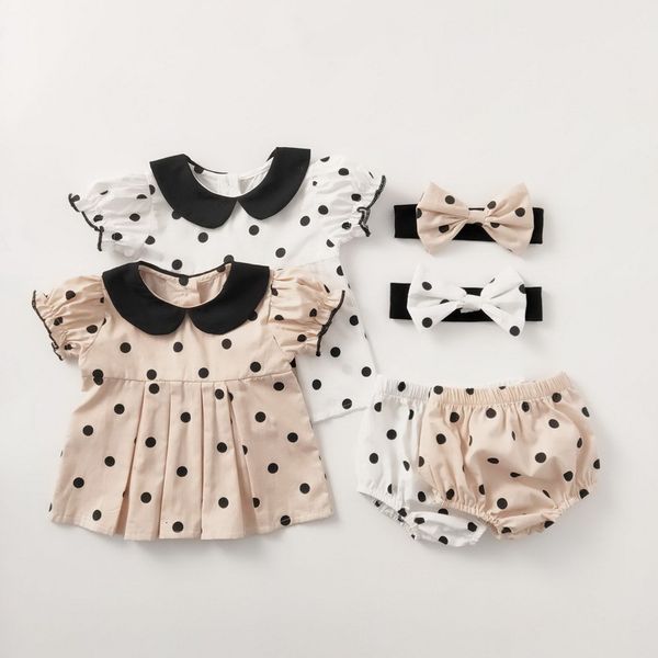

clothing sets summer kids girls 3-pcs polka dot + shorts headwear casual style children clothes e6024 gkld, White