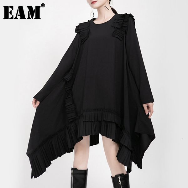 

[eam] women asymmetrical pleated temperament dress round neck long sleeve loose fit fashion spring autumn 19a-a179 21512, Black;gray