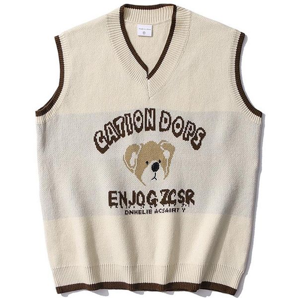 

men's vests men japan bear embroidery sweater vest simple v-neck sleeveless loose knisweater all-natch casual couple wear bottoming shi, Black;white