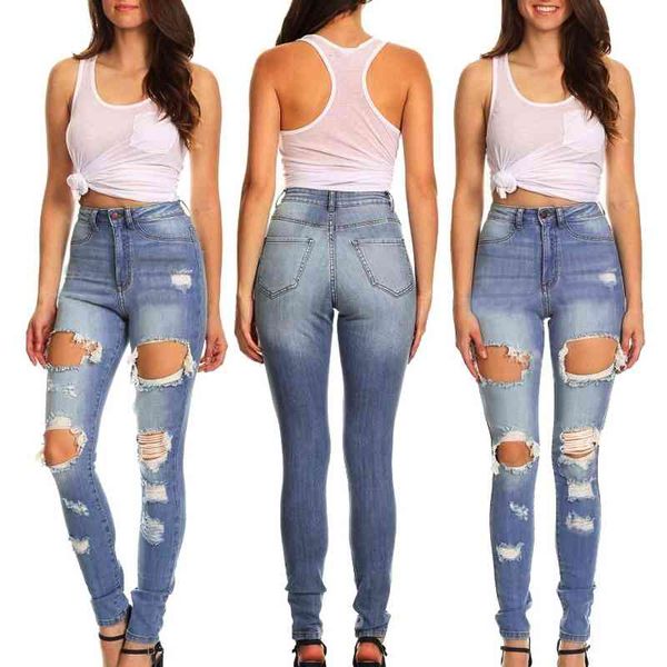 

women's jeans fashion high waist pencil pants casual stretch hole retro tight trousers, Blue