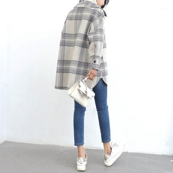 

women's wool & blends 100% 2021 style inch shirt double-sided cashmere overcoat doll collar large checker korean edition, Black