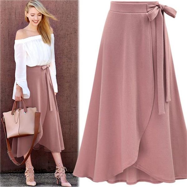 

skirts plus size 6xl women 2021 summer solid office lady elegant high waist irregular spilt bandage bow midi skirt, Black