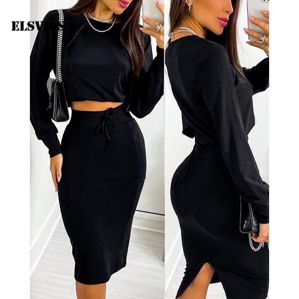 

work dresses fashion commute women casual printed long sleeves t-shirt skirt two piece set autumn elegant high waist office lady vestidos, White;black