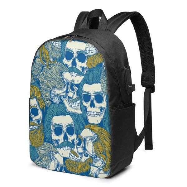 

backpack school lapbearded skull with mustache 17 inch travel multi usb charger bag