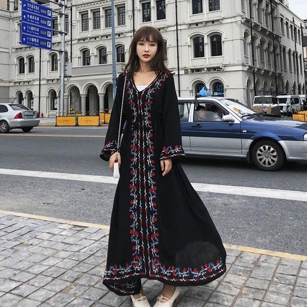 

casual dresses maxi dress floral embroidered long sleeve white vintage women winter tassel boho chic style brand vestidos 2021, Black;gray