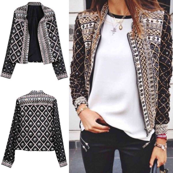 

jacket 2021 punk print stand collar women's s-3xl, Black;brown
