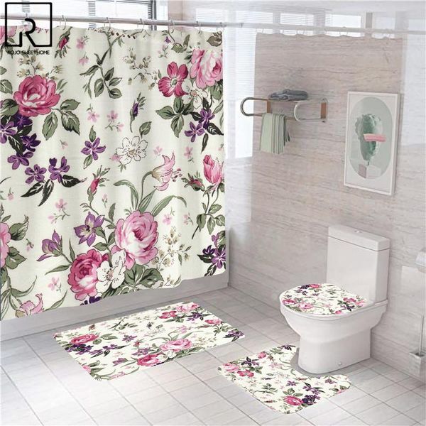 

shower curtains nordic floral pink flower polyester curtain waterproof bathroom partition bathtub bath mat toilet carpet vivid home decor