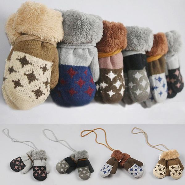 

fingerless gloves lnrrabc 2021 knitting 1pair child children' keep warm baby star pattern plus velvet double layer with lanyard, Blue;gray