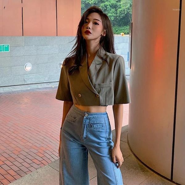 

women's suits & blazers women crop summer notched loose double-breasted korean style elegant chic simple blazer womens fashion retro, White;black