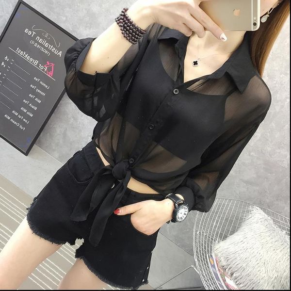 

black chiffon with buttons womens shirt v neck tied up tribal short office lady summer, White