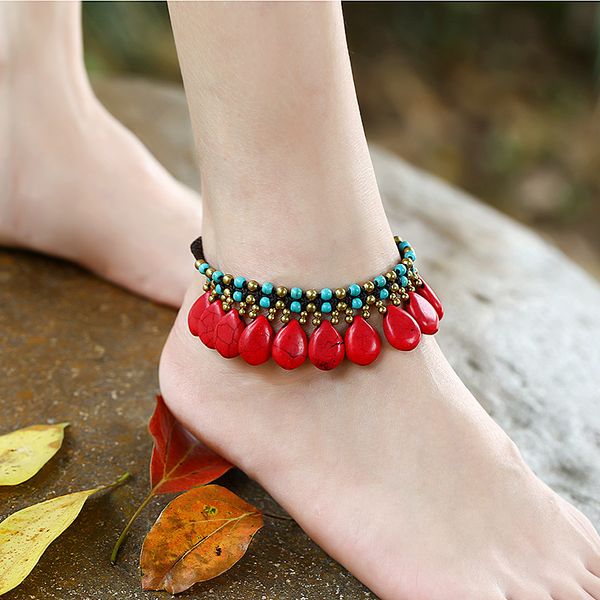 

bohemian style simple fashion bells semi-precious stones hand-woven retro beach vacation women's anklets, Red;blue