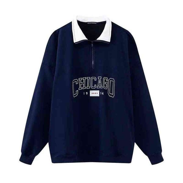 

women hoodie 2021 new dark blue letter printing zipper stand-up collar sweatshirt ladies retro oversized loose street wear long sleeves, Black