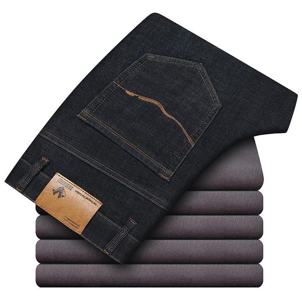 

men's jeans winter fleece warm business classic style fashion straight stretch denim pants male brand trousers black blue