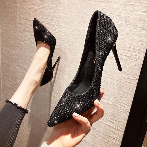 

sandals french girl pointed high heels women's shallow mouth stiletto crystal sequins single shoes year, Black