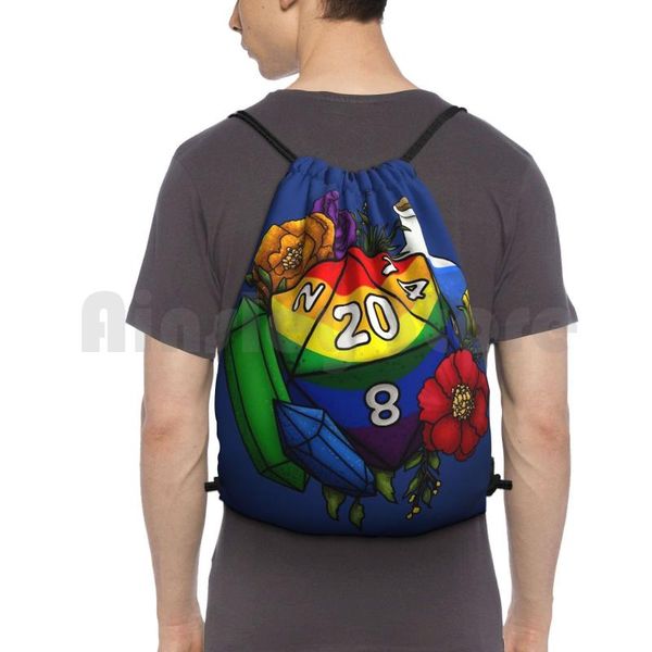 

pride rainbow d20 tablerpg gaming dice backpack drawstring bag riding climbing gym d dnd and