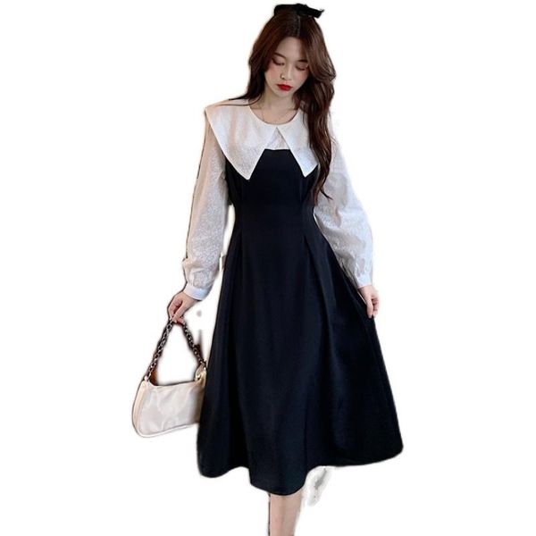 

casual dresses splicing slim a-line elegant women dress 2021 autumn and winter doll collar long sleeve mid-length female, Black;gray