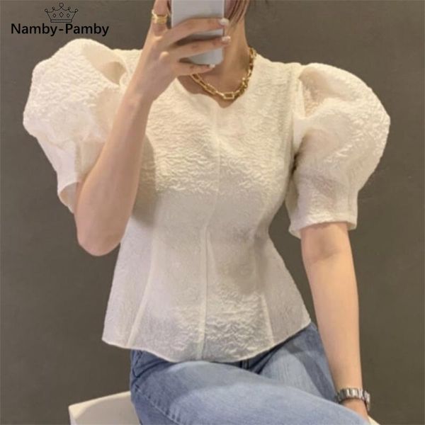

women's blouses & shirts elegant vintage puff sleeve women blouse summer 2021 korean ins slim waist design blusas fashion tide all matc, White