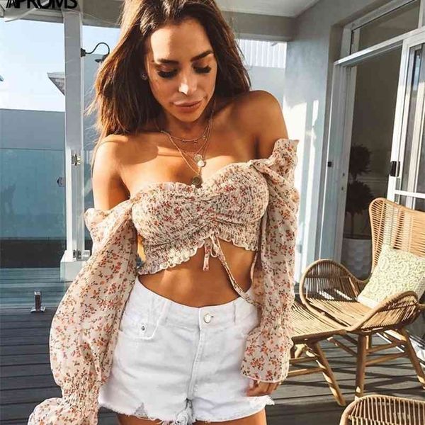 

aproms elegant off shoulder chiffon tank women lantern sleeve crop female autumn holiday flroal print tees 210705, White