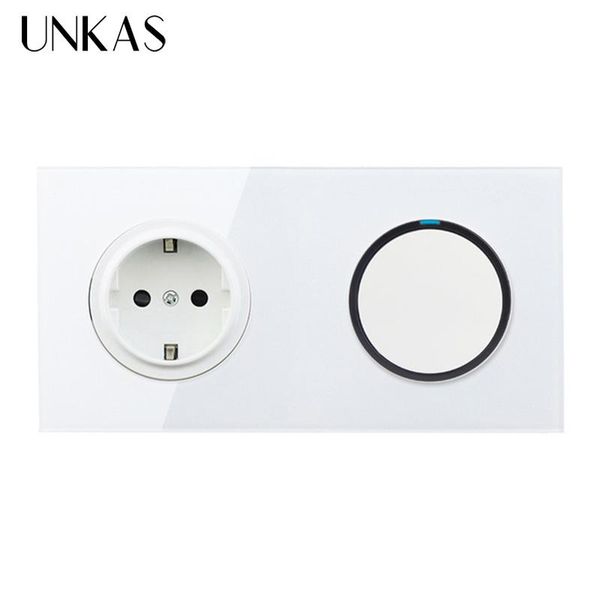 

smart home control unkas white crystal glass panel 16a eu russia standard wall power socket + 1 gang way on / off light switch led indicator