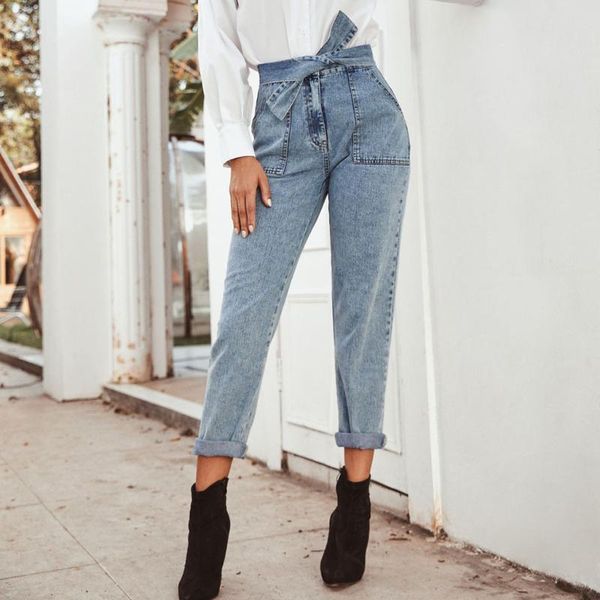 

women's jeans streetwear mom boyfriend pencil women high waist lace up bow denim long pants casual ladies trousers ropa mujer, Blue