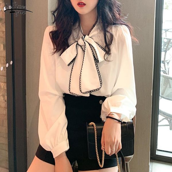 

vintage korean sweet bow loose ladies blouse women long sleeve shirt white blouses elegant office lady female blusas 12983 women's & sh