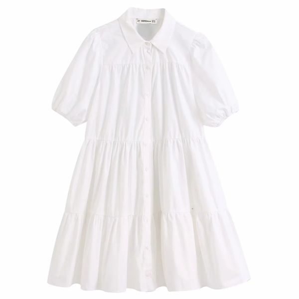 Mulheres simplesmente cor sólida casual camisa branco escritório senhora sprufa manga plissada vestidos chique lazer grande balanço vestidos DS3438 210420