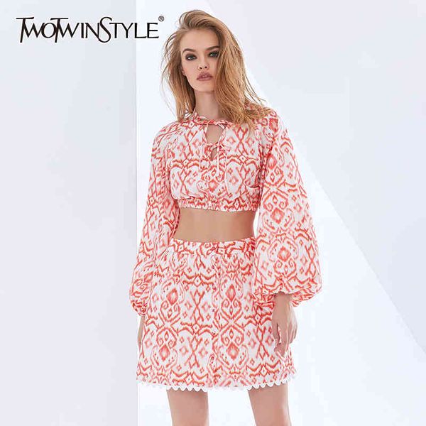 

vintage print two piece set for women o neck long sleeve short high waist a line skirt female sets 210423, White