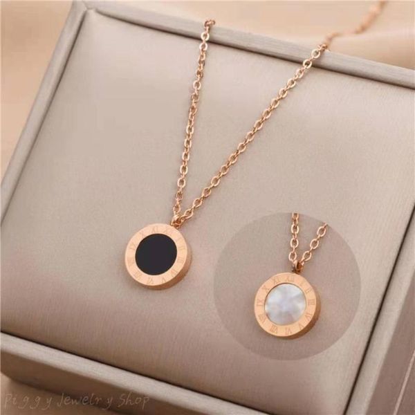 

pendant necklaces titanium steel roman numeral necklace rose gold black and white double-sided round design for women's valentine', Silver