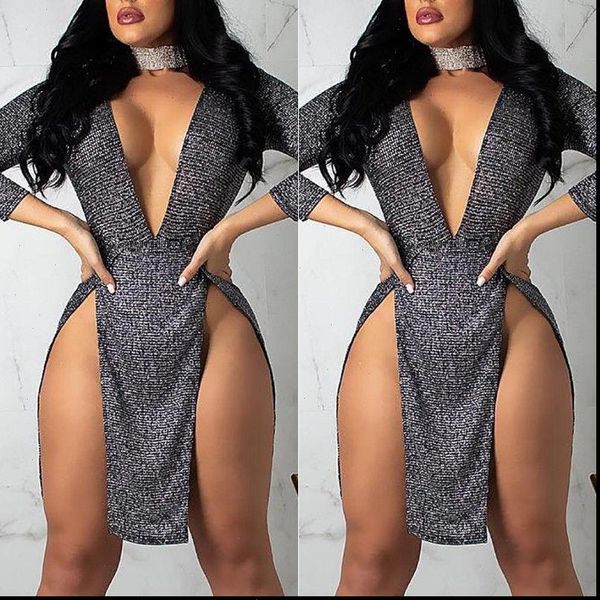 

spring long sleeve deep womens skirt v neck bodycon double slit ladies evening club short mini, Black