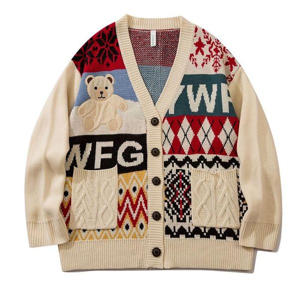 

men's sweaters men women cartoon bear sweater cardigan winter hip hop loose coat streetwear japanese college knitwear jackets, White;black
